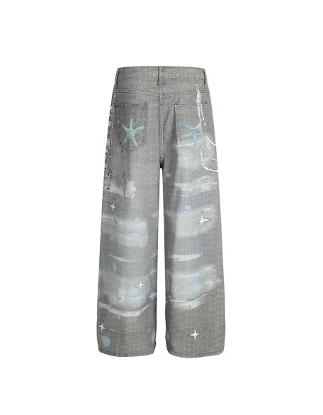 Fashionable printed straight leg pants Women's denim casual pants