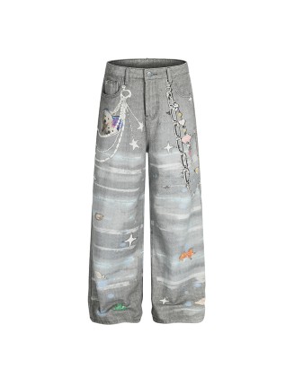 Fashionable printed straight leg pants Women's denim casual pants