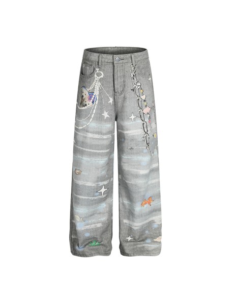 Fashionable printed straight leg pants Women's denim casual pants