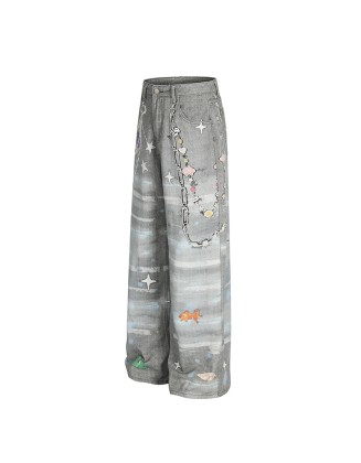 Fashionable printed straight leg pants Women's denim casual pants
