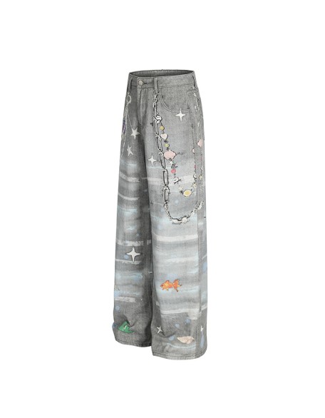 Fashionable printed straight leg pants Women's denim casual pants